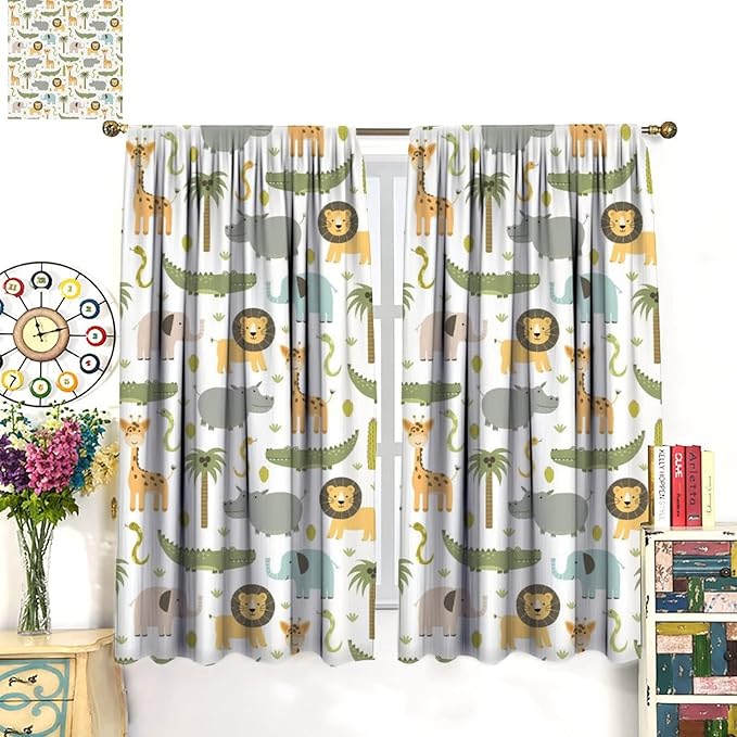 Nursery Safari Animals Window Curtains,Cartoon Woodland Jungle Forest Lion Elephant Giraffe Printed Pattern Blackout Drapes for Living Room Baby Boy Kids Bedroom 52x84in