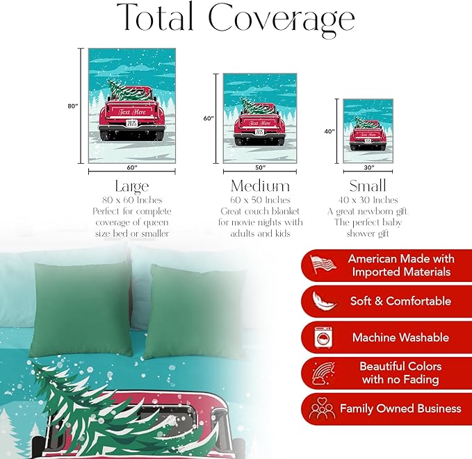 Personalized Christmas Blanket, Vintage Red Truck and Tree - Ships Next Day, Printed in USA - Warm Fleece or Sherpa Sofa Throw, Cute Holiday Décor - Customizable Family Throws (Sherpa 60x80)