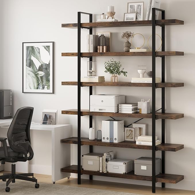 6 Tier Bookcase, 47 Inch Wide Wood Bookshelf, 120lbs Shelf Capacity Estante, Rustic Open Shelving Industrial Display with Reinforced Horizontal Brown Shelves for Living Room Bedroom Office