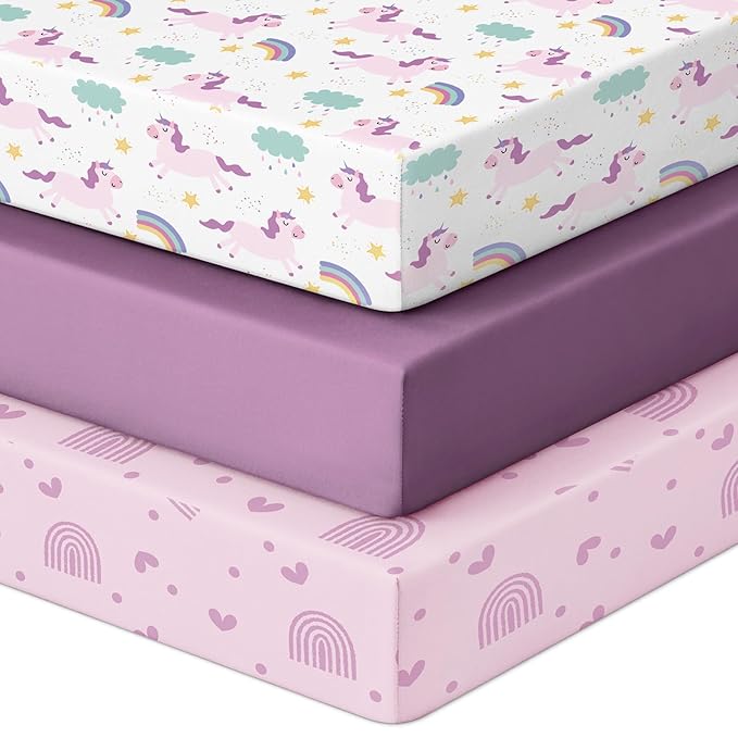 Pack and Play Sheets Fitted, 3 Pack Soft Stretchy Baby Mini Crib Sheets for Pack N Play Mattress and Portable Playard Sheets for Girls Purple Rainbow Unicorn