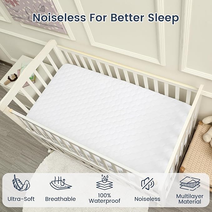 david's kids 2 Pack 52''x28'' Waterproof Crib Mattress Protector Pad Cover Stretch up to 8", Fitted Standard Crib and Toddler Mattresses, Ultra Soft and Breathable for Boys Girls Neutral, White