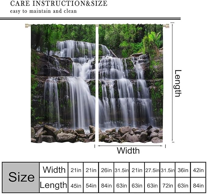 Natural Scenery Blackout Curtains, Spring Rustic Forest Waterfall River Landscape Window Drapes, for Bedroom Living Room 42" W X 63" L
