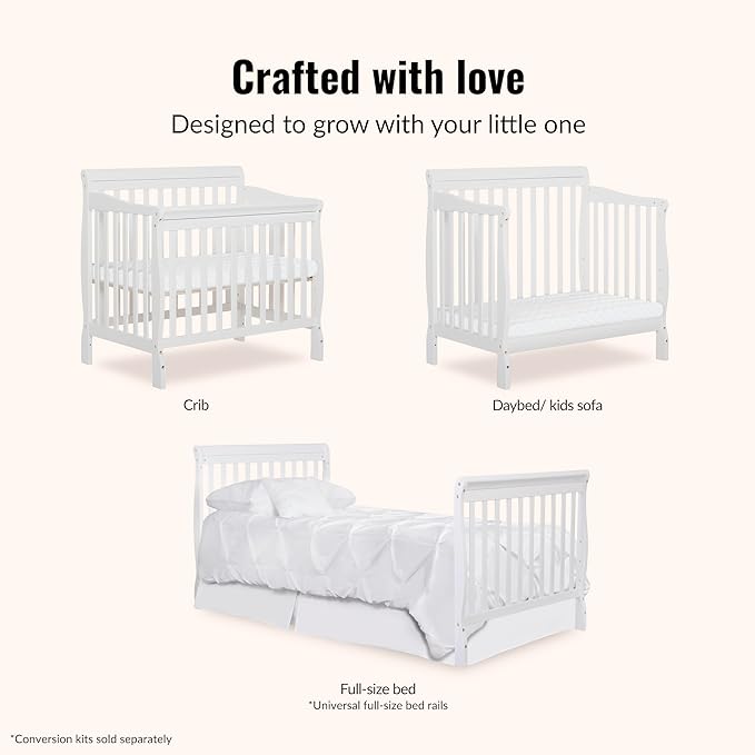 Dream On Me Aden 4-in-1 Convertible Mini Baby Crib in White, GreenGuard Gold & JPMA, Sustainable Pinewood, Non-Toxic Finish, 3 Mattress Heights, Converts to Mini Day & Twin-Size Bed