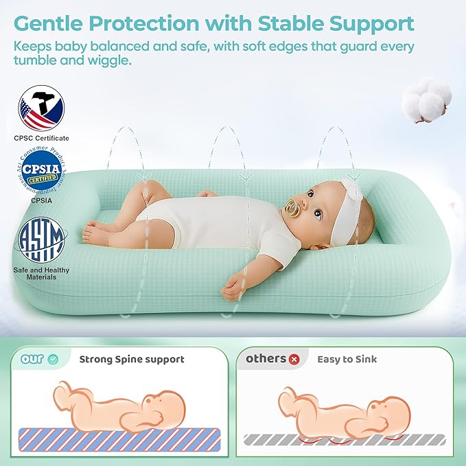 Baby Lounger for Newborn - Infant Lounger 0-24 Months with Lounger Cover, Cooling Baby Nest Lounger, Breathable Waffle Fabric & 3D Support, Portable Newborn Essentials, Blue