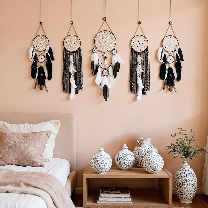 Dream Catcher Wall Decor,Large Boho Dream Catcher with Luxurious Feathers & Beads, Handmade Wall Hanging for Bedroom, Nursery, Living Room, Gift Ready for Girls & Adults (Black-Blue)