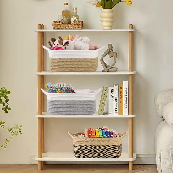 OIAHOMY Small Woven Rope Basket with Gift Bags and Ribbons, Gift Basket Empty for Baby Shower Birthday, Halloween, Christmas, Cute Cat Ear Handles for Shelf Living Room Bathroom, Grey & White