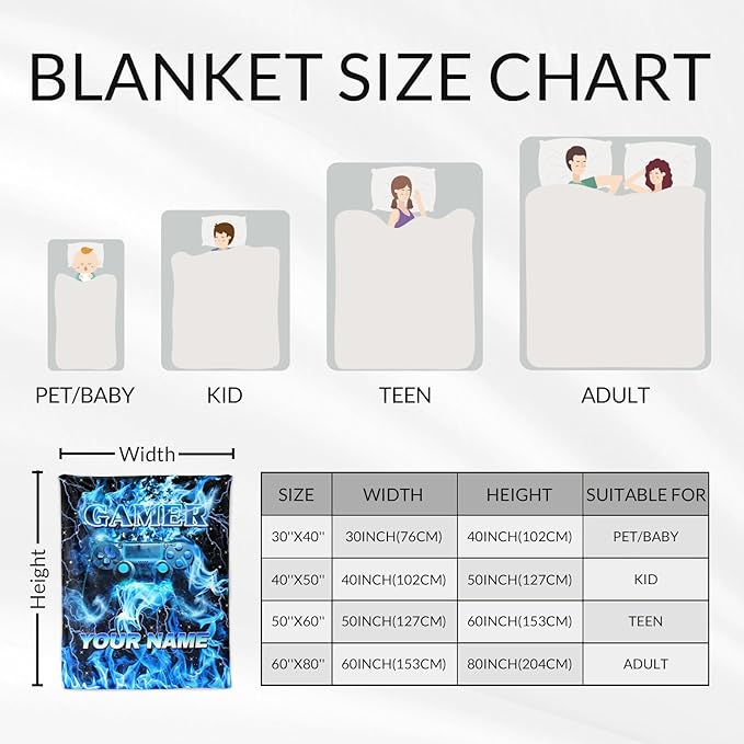 Kids Blanket Gift Personalized Gamer Blankets for Boys 12-14 - Custom Soft Lightweight Flannel Gaming Throws Stuff for Couch, Office & Bedroom