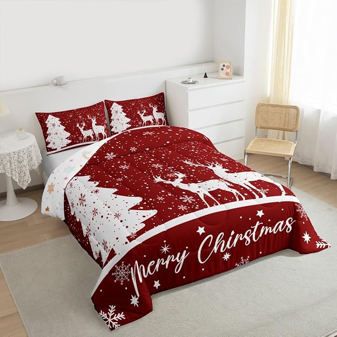 Merry Christmas Kids Comforter Set King Size,Deer Elk Pine Trees Bedding,Girls Boys Adults Bedroom/Xmas Cabin Decor,Snowflake Romantic Down Comforter,Rustic New Year Red Duvet Insert,2 Pillowcases