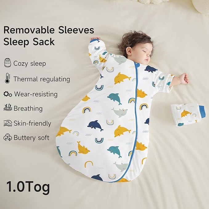 Baby Sleep Sack with Removable Sleeves, Breathable Wearable Blanket for Newborn & Toddler 6-36 Months, Cute Print