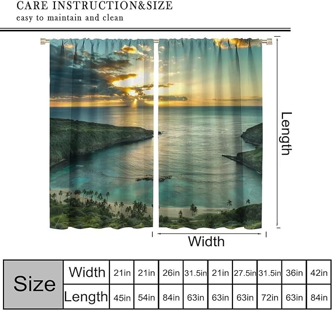 Ocean Beach Curtains,OceanMorning Sunrise Hawaiian Seaside Scene Pattern Blackout Print Home Bedroom Living Room Window Treatments 2 Panel Set 42x54 Inch