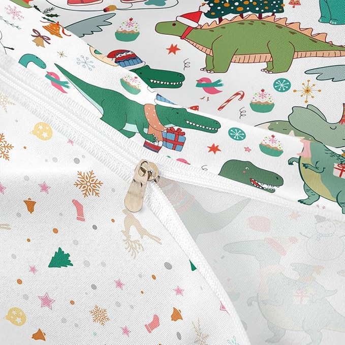 Feelyou Christmas Dinosaur Decorative Comforter Cover Toddler Size Cartoon Snowman Duvet Cover Xmas Bow Snowflake Bedding Set Gifts for Kids Boys Girls 1 Pillow Case