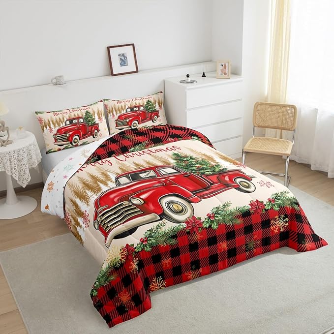 Erosebridal Merry Christmas Bedding Set Red Truck Queen Comforter Set for Kids Boys Girls Teens Room Decor,Xmas Tree Down Comforter Red Black Buffalo Plaid Decor Bed Set Car Printed Themed Quilt Set