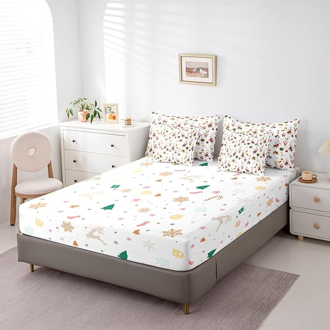 Feelyou Christmas Kids Bed Set Cute Snowman Santa Claus Bed in a Bag Boys Girls Cute Reindeer Comforter Set with Sheets Christmas Bells Cartoon Design Bedding Set Bedroom Collection Queen Size
