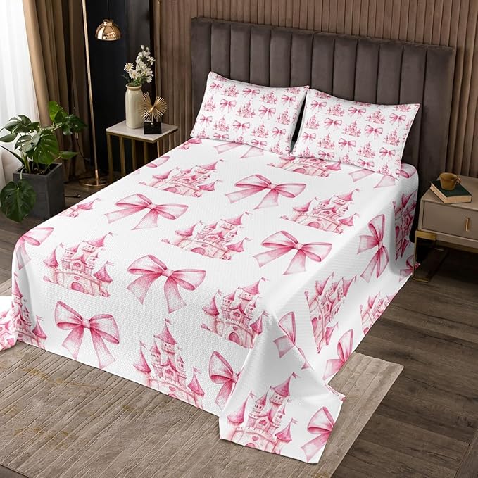 Pink Bowknot Kids Bedspread Twin Size,Castle Tale Princess Toddler Coverlet Set,Girls Women Room Decor,Bow Tie Butterfly Knot Girlish Quilted Coverlet,Romantic Fashion Bedding Quilt,1 Pillowcase