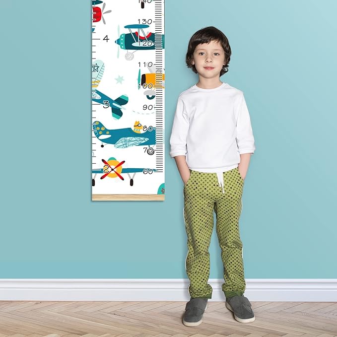 Personalized Kids Name Growth Chart Ruler for Wall Wood Frame Height Measure Chart 13.4x56 in Linen Hanging Height Growth Chart Colorful Plane Helicopter Kids Room Decor