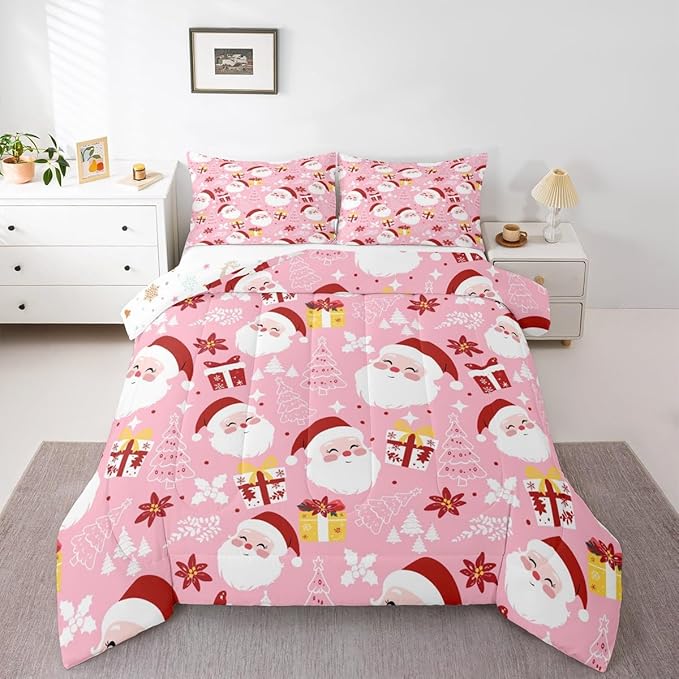 jejeloiu Santa Claus Comforter Set Full Size Merry Christmas Bedding Set for Kids Boys Girls Xmas Themed Duvet Quilt Pink Bedroom Decor