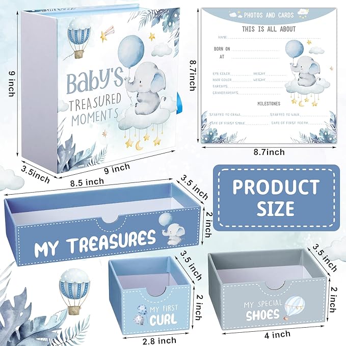 Baby Keepsake Box Newborn Memory Organizer with 9 Labeled Compartments First Keepsake Book Gift Box for Pregnancy Mother"s Day Baby Shower New Maternity(Blue,Blue Elephant)
