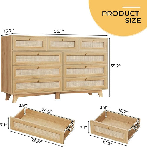 AOGLLATI Rattan Dresser for Bedroom with 9 Drawer, Modern Wooden Long Bedroom Dresser, Chest of Drawers with Metal Handle & Solid Wood Legs for Bedroom/Living Room, Wood