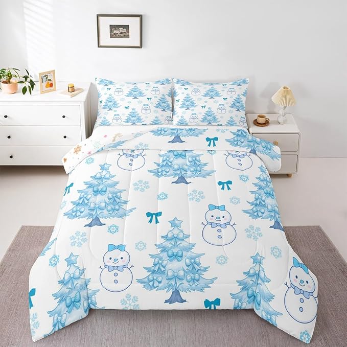 Feelyou Merry Christmas Bedding Set Soft for Boys Girls, Cute Snowman Comforter Set King Size Cartoon Bowknot Duvet Quilt Microfiber Christmas Tree 3 Pcs with 2 Pillow Cases