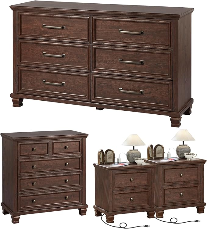 Farmhouse Bedroom Dresser and Nightstand Set of 4, 6 Drawer Low & 5 Drawers Dresser & 2 Drawer Nightstand Set, Rustic Wood Furniture Set for Bedroom, Hallway, Walnut