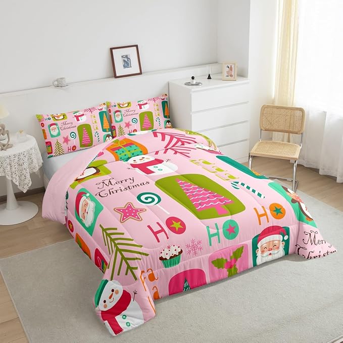 Erosebridal Christmas Kids Comforter Set Queen Size Cartoon Santa Claus Quilts Boys Girls Room Decor Merry Xmas Penguin Bedding Set Christmas Tree Snowman Down Comforter,Pink