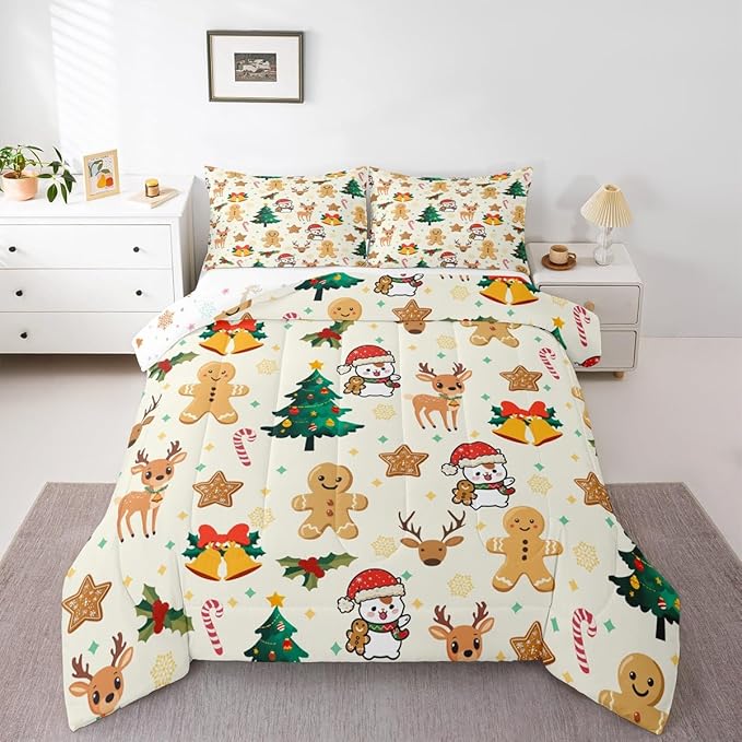 Feelyou Merry Christmas Kids Comforter Set Full Size Gingerbread Man Bedding Set Cute Deer Duvet Quilt for Kids Boys Girls Bedroom Christmas Tree Decor Microfiber Ultra Soft Breathable