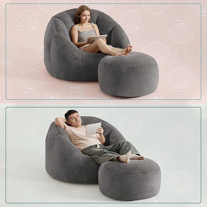 Giant Bean Bag Swivel Chair for Adults with Ottoman - Comfy Plush Round Shell Soft Accent Chaise Lounge Indoor Reading Chair, Oversized Cozy Floor Sofa for Living Room, Bedroom Dorm, Gray