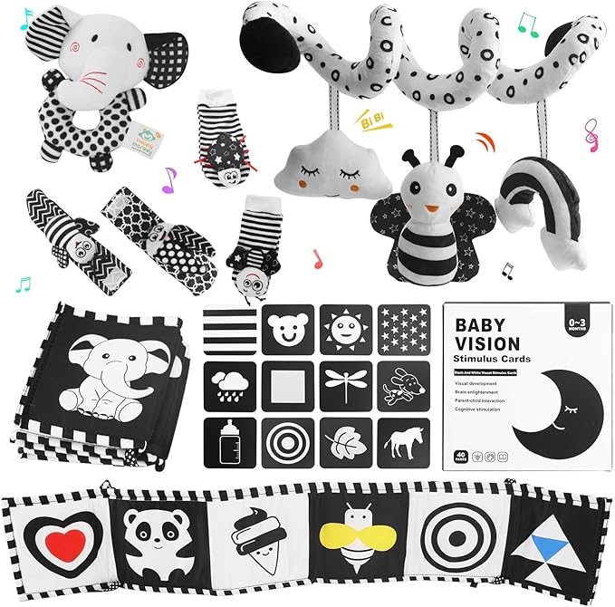 High Contrast Baby Toys for Newborn, Black and White Baby Toys, Newborn Toys 3 Months Brain Development with Car Seat Toys Hanging Rattle Toys (Classic Edition)