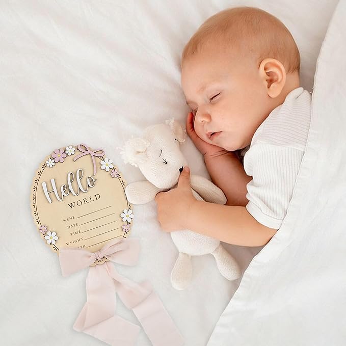 Baby Announcement Sign with Stand & Marker – Hello World Wooden Name Plaque for Newborn Photoshoot, Baby Shower, Rustic Keepsake Birth Stat Sign for Hospital Birth Announcement (Light pink ribbon)