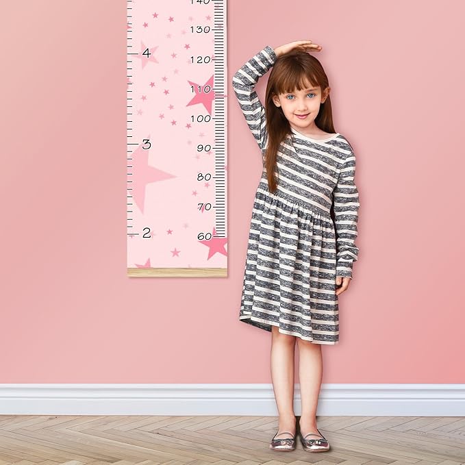 Personalized Kids Name Growth Chart Ruler for Wall Wood Frame Height Measure Chart 13.4x56 in Linen Hanging Height Growth Chart Pink Stars Kids Room Decor