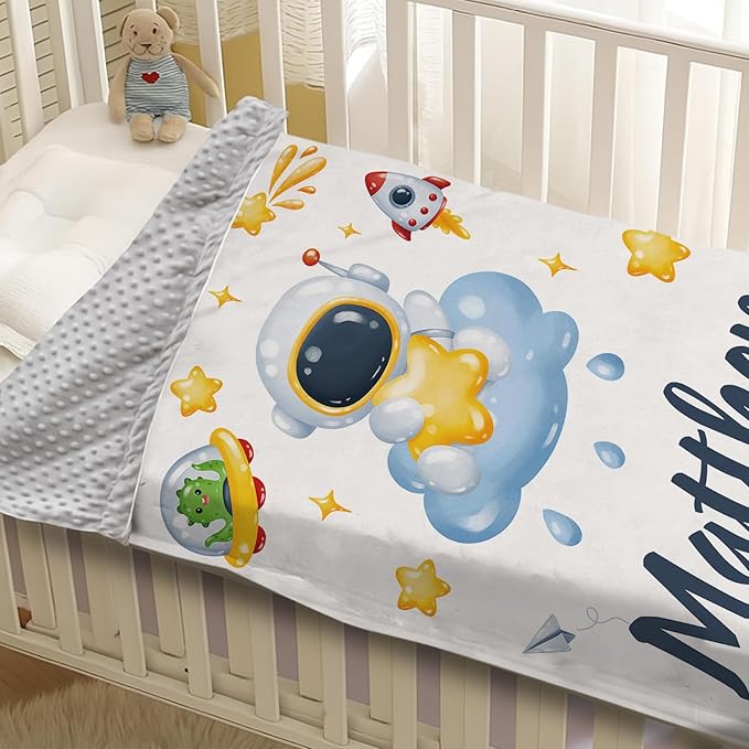 Personalized Baby Blanket with Name, Custom Space Astronaut Theme Blanket for Kids, Soft Flannel Bed Throw Blanket Swaddle for Newborn, Customizable Baby Gift & Nursery Blanket(47" x60)