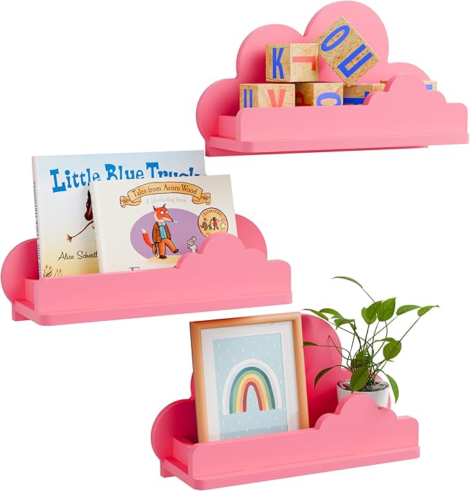 Cloud Shelves for Kid’s Room Nursery Wall Deor Set of 3, Pink Cloud Bookshelf, Small Figure Shelf Wall Mounted, Cute Decorative Solid Wood Floating Shelves for Toys, Plants & Storage