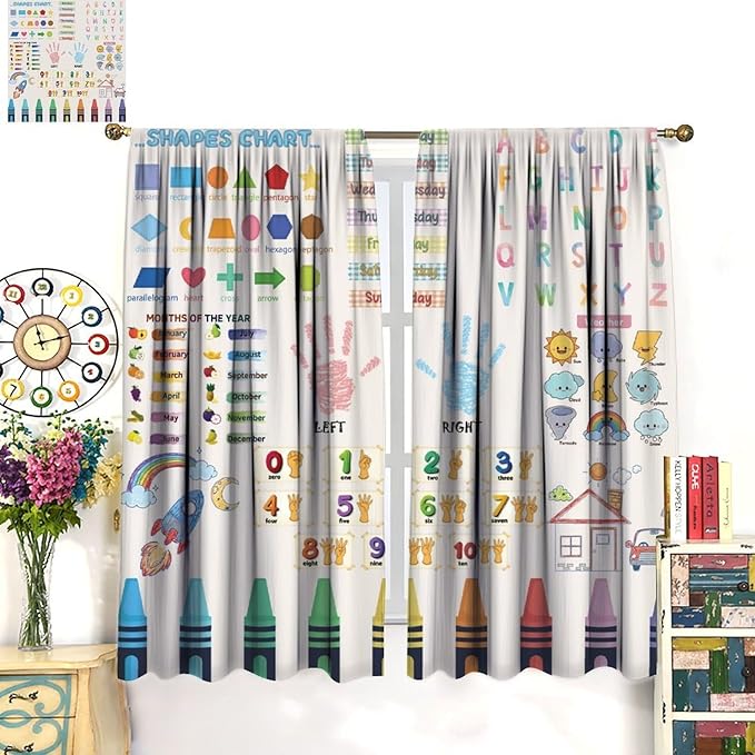 Kids Educational Alphabet Curtain,Boho Watercolor Alphabet Pastel Numbers Shapes Colors for Girls Child Nursery Home Kids Printed Rod Pocket Blackout Window Drapes for Bedroom Living Room 42"W X 63"L