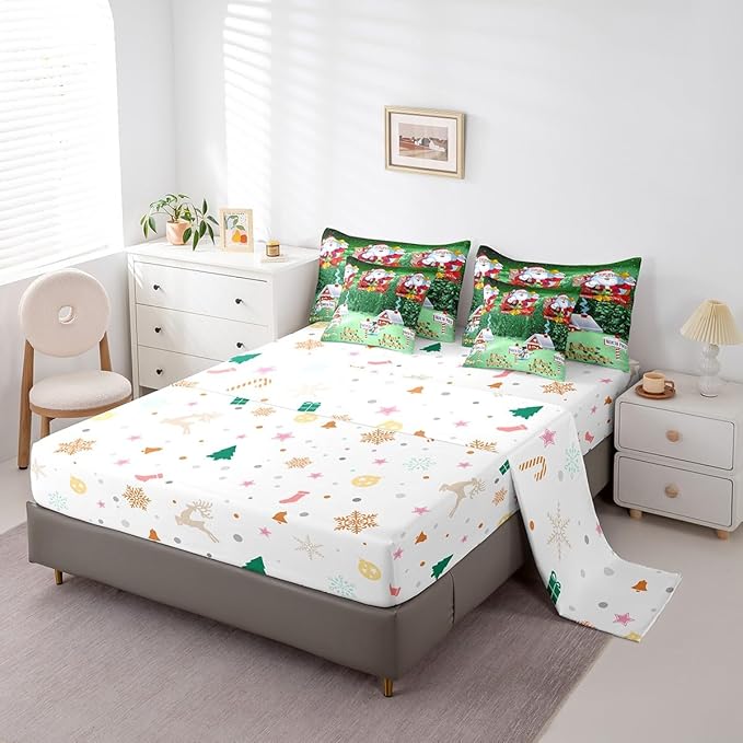 Feelyou Santa Claus Printed Bed Set Christmas Decorations Bed in a Bag for Kids Boys Girls Galaxy Blue Cute Decor Comforter Set with Sheets Snowman Snowflake Bedding Set Bedroom Collection Queen Size