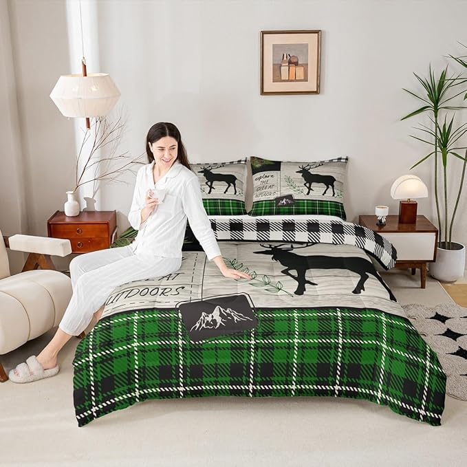 Elk Silhouette Kids Comforter Set Full Size,Palm Leaves Old Plank Bedding,Girls Boys Adults Bedroom/Xmas Cabin Decor,Camper Explore Down Comforter,Geometric Grids Plaid Duvet Insert,2 Pillowcases