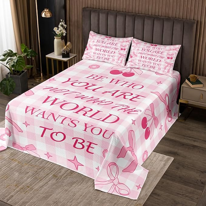 Manfei Pink Bowknot Kids Bedspread Queen Size,Cherry Star Daisy Flowers Princess Coverlet Set,Girls Women Room Decor,Bow Tie Geometric Plaids Quilted Coverlet,Cute Dreamy Bedding Quilt,2 Pillowcases