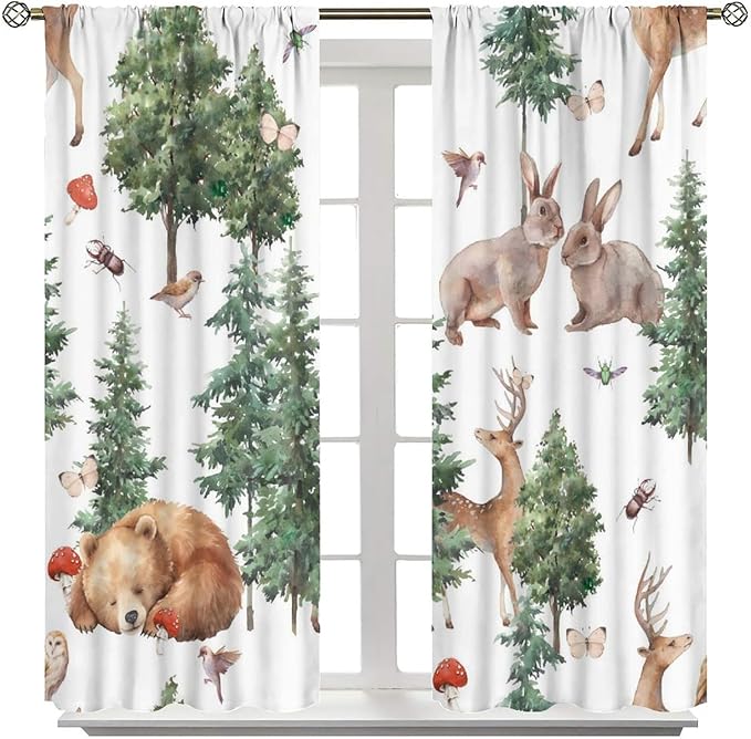 YCness Forest Animal Curtains, Wild Animals Watercolor Woodland Bear Rabbit Cartoon Window Treatments for Kids Bedroom Living Room Kitchen Living Room Drapes, 42x54 Inch