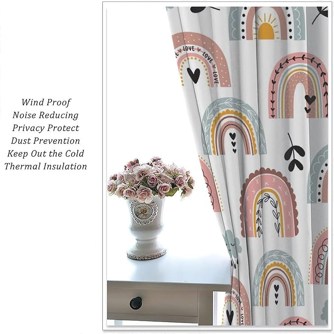 Kids Rainbow Curtains Boho Cartoon Colorful Stars Love Heart Lovely Abstract Art Pattern Print Window Drapes for Girl Bedroom Living Room Kitchen Decor,2 Panel Set,52Wx84H Inch Blackout