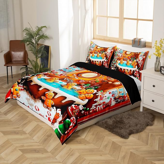 Feelyou Kids Christmas Gingerbread House Duvet Cover, Funny Gingerbread Man Bedding Set, Toddler Size, Merry Christmas Comforter Cover