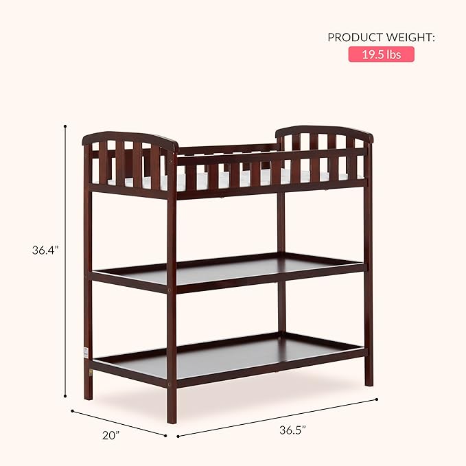 Dream On Me Emily Changing Table, Compact and Portable, Solid New Zealand Pinewood, Safety Rails, Two Storage Shelves, Includes Water-Resistant 1" Changing Pad — Espresso