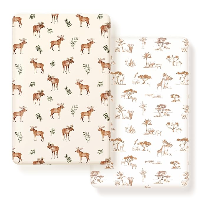 GRSSDER Stretchy Ultra Soft Jersey Knit Pack and Play Sheets 2 Pack, Portable/Mini Crib Sheets Universal Fitted for Playpen Mattress Safe and Snug, Cute Elk Animals Print
