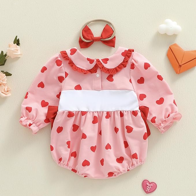 Amiblvowa Baby Girl Valentines Day Outfit Embroidery Love Heart Smocked Bubble Romper Bodysuit Cute Infant Newborn Clothes