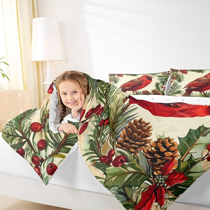jejeloiu Kids Red Cardinal Comforter Set Toddler Christmas Tree Green Plants Bedding Set for Boys Girls Teens Xmas Birds Animal Winter Happy New Year Duvet Quilt Room Decor