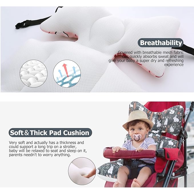 Baby Seat Pad Liner for Stroller, Universal Stroller Cushion Pad for Baby Soft and Breathable 3D Air Mesh Cotton Stroller Liner Insert Car Seat Insert (Grey Rabbits)