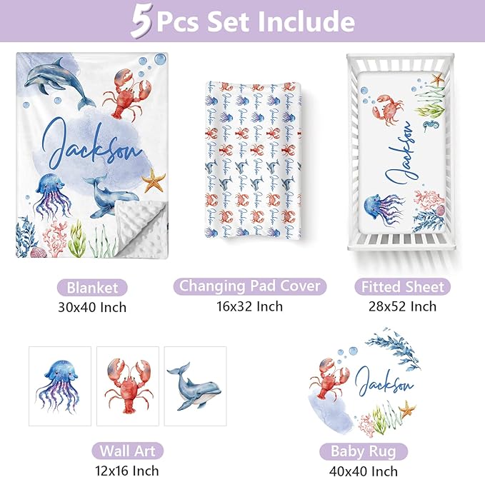 Personalized Baby Crib Bedding Set, 5 Pcs Custom Name Nursery Bedding Set for Girls Boys, Ocean Animals Baby Crib Set for Toddlers Infants, Double Layer Bedding Crib Sets Customized Gifts