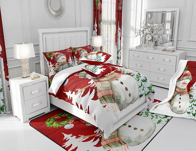 Merry Christmas Duvet Cover Set Queen Size, Cute Snowman and Xmas Tree Print Comforter Cover with 2 Pillowcases, Red Wooden Stripe Print Bedding Set 3pcs for Kids Girls Bedroom Decor,No Comforter