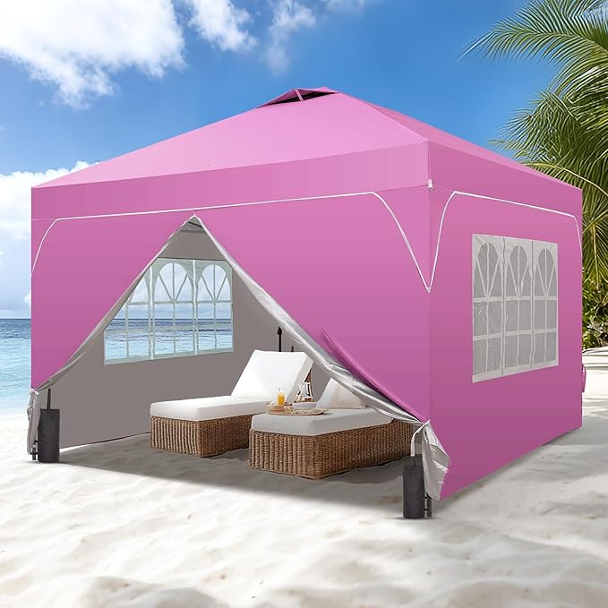 GDY 12x12FT Pop Up Canopy Tent with One Push Setup, Easy to Install with 4-Sidewalls for Events, Parties, Camping, Outdoor Gazebo with 4-Sandbags, Pink.