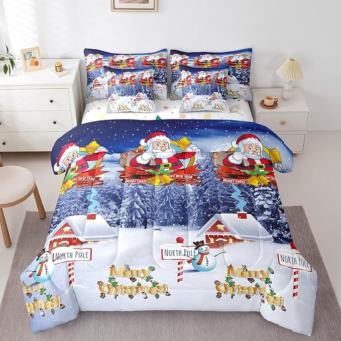 Feelyou Kids Christmas Bed in a Bag Xmas Santa Claus King Size Bed Set for Boys Girls Merry Christmas Warmth Comforter Set with Sheets Galaxy Blue Decor Bedding Set Bedroom Collection Boys