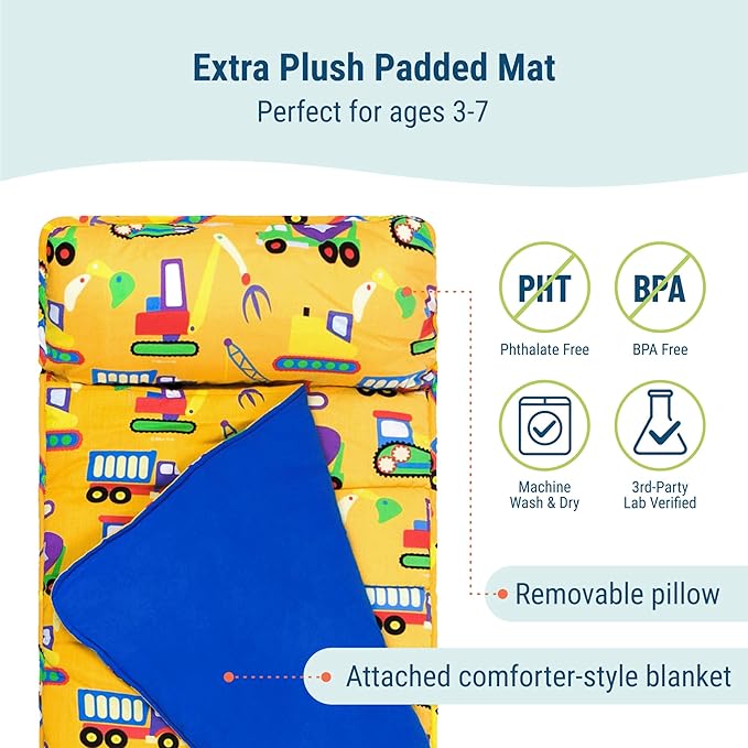 Wildkin Kids Original Nap Mat – Cozy Kids Sleep Mat with Pillow, Ideal for School & Travel - Under Construction