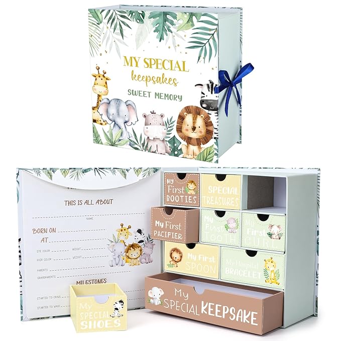 Baby Keepsake Box Newborn Memory Organizer with 9 Labeled Compartments First Keepsake Book Gift Box for Pregnancy Mother"s Day Baby Shower New Maternity (Green,Jungle Animal)